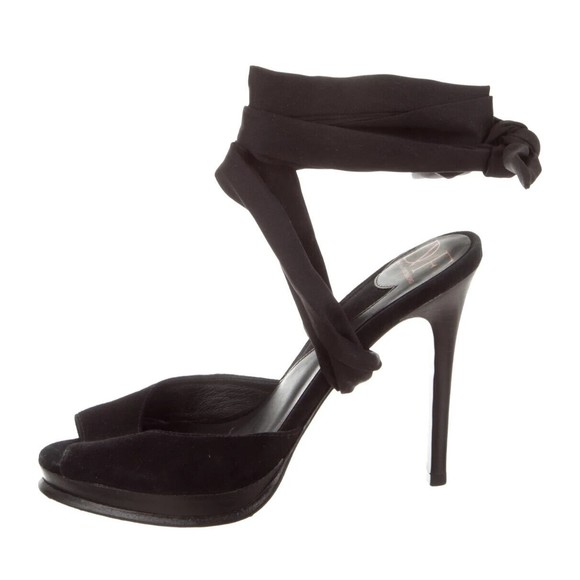 DIANE FURSTENBERG DESIGNER BLACK WRAP ANKLE HIGH HEEL SANDALS 8.M - Picture 2 of 8